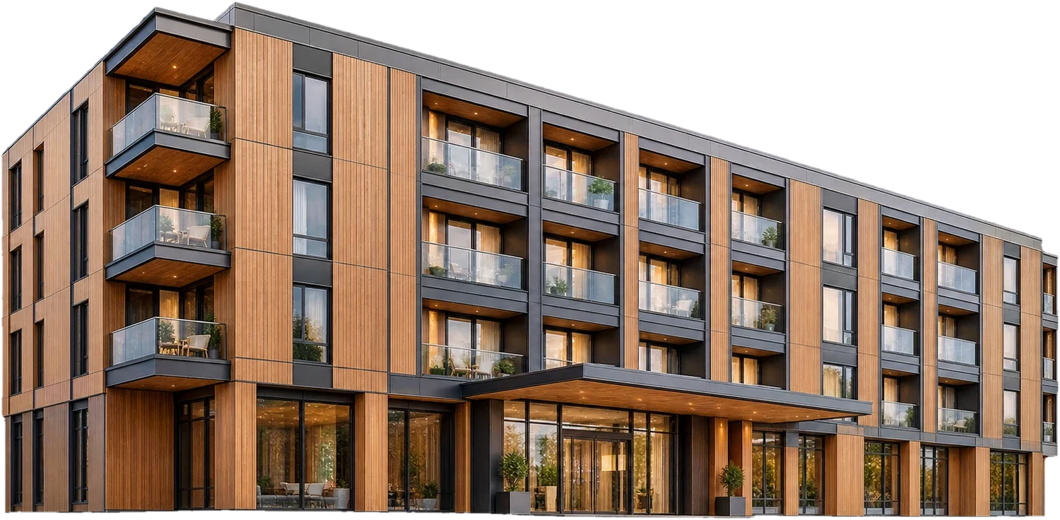 Illustrative render: Hotels and public