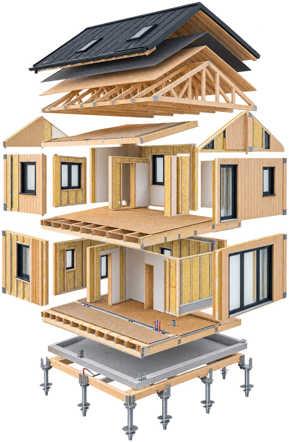 Illustrative render: a timber house exploded into foundation, floor, wall and roof elements