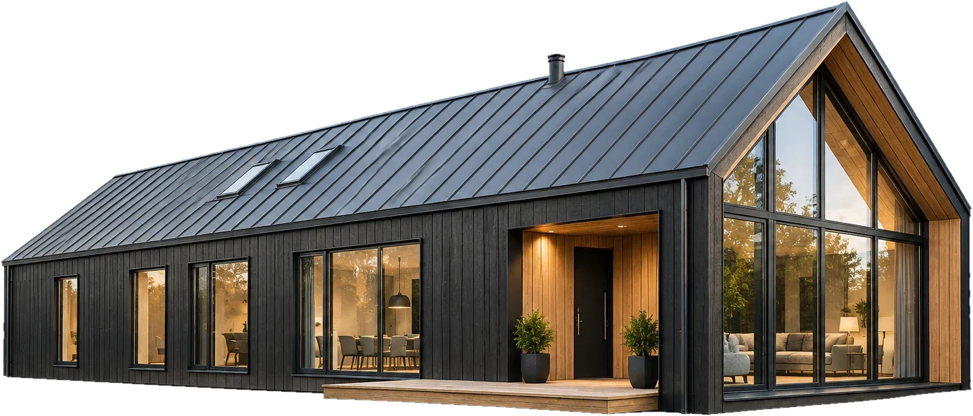 Illustrative render: Black-clad single-storey house