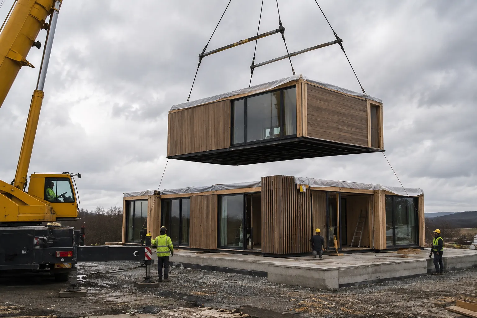 Illustrative render: Module lifted by crane